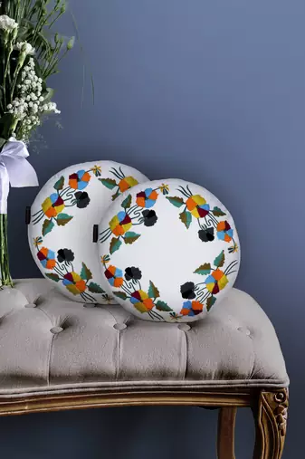 Mezposh white & multi floral embroidered cotton canvas cushion covers (16 inch dia) set of 2