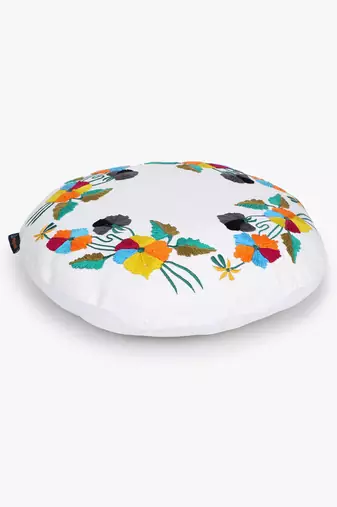 Mezposh white & multi floral embroidered cotton canvas cushion covers (16 inch dia) set of 2