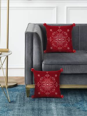Mezposh cherry red & cream snowflake pattern polyvelvet cushion cover (16"x16") set of 2 1
