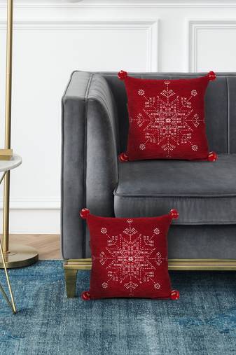 Mezposh cherry red & cream snowflake pattern polyvelvet cushion cover (16"x16") set of 2