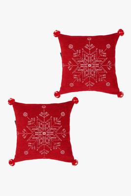 Mezposh cherry red & cream snowflake pattern polyvelvet cushion cover (16"x16") set of 2 2