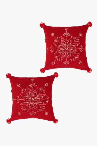 Mezposh cherry red & cream snowflake pattern polyvelvet cushion cover (16"x16") set of 2