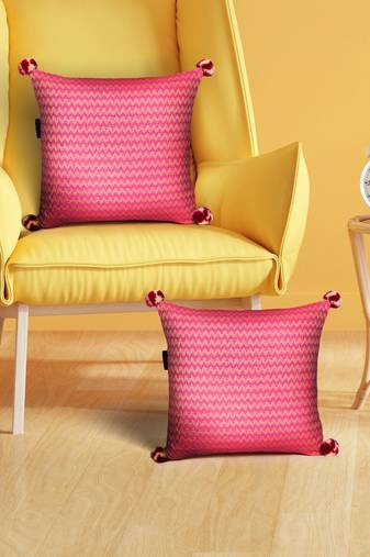 Mezposh hot pink & beige chevron  cotton acrylic jacquard cushion covers (16"x16") set of 2