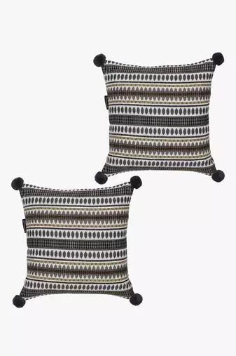 Mezposh natural & grey aztec self design cotton lurex jacquard cushion covers (16"x16") set of 2