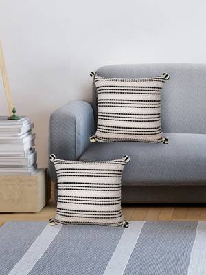 Mezposh natural & black striped cotton acrylic jacquard cushion covers (16"x16") set of 2 1
