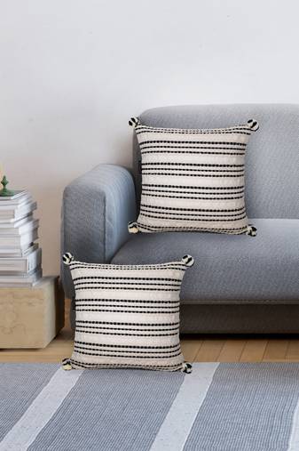 Mezposh natural & black striped cotton acrylic jacquard cushion covers (16"x16") set of 2