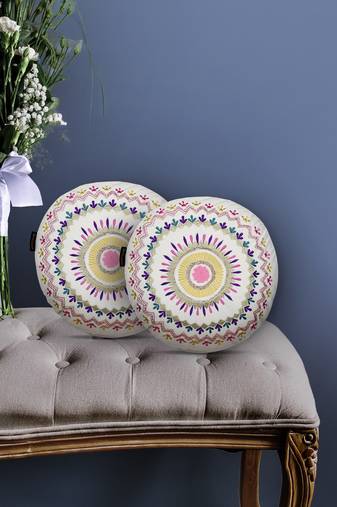 Mezposh natural & multi mandala embroidered cotton canvas cushion covers (16 inch dia) set of 2