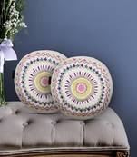 Mezposh natural & multi mandala embroidered cotton canvas cushion covers (16 inch dia) set of 2