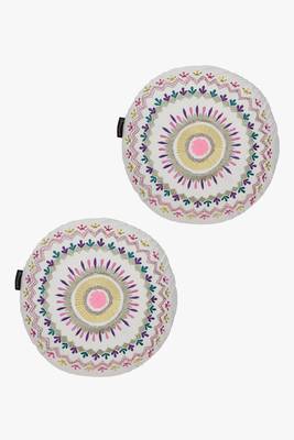 Mezposh natural & multi mandala embroidered cotton canvas cushion covers (16 inch dia) set of 2 2