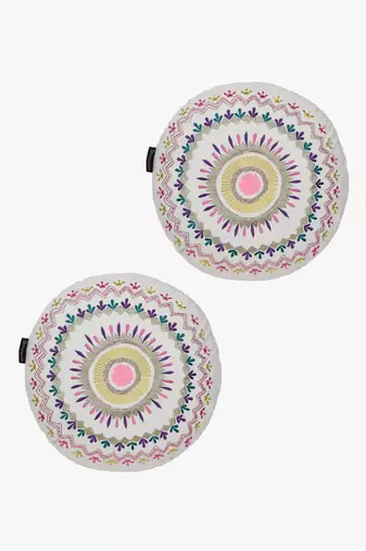 Mezposh natural & multi mandala embroidered cotton canvas cushion covers (16 inch dia) set of 2