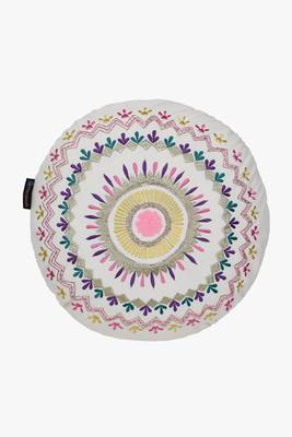 Mezposh natural & multi mandala embroidered cotton canvas cushion covers (16 inch dia) set of 2 3