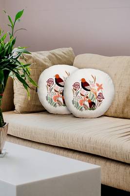 Mezposh natural & multi quirky embroidered cotton canvas cushion covers (16 inch dia) set of 2 1