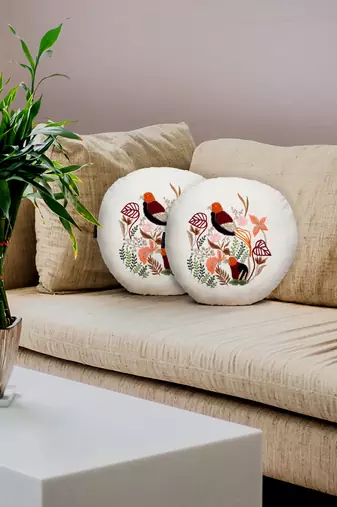 Mezposh natural & multi quirky embroidered cotton canvas cushion covers (16 inch dia) set of 2