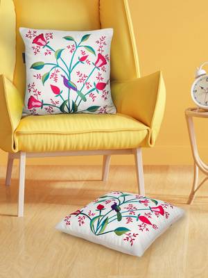 Mezposh natural, pink & green quirky embroidered cotton canvas cushion covers (16"x16") set of 2 1