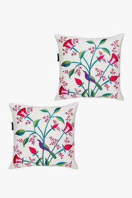 Mezposh natural, pink & green quirky embroidered cotton canvas cushion covers (16"x16") set of 2 2