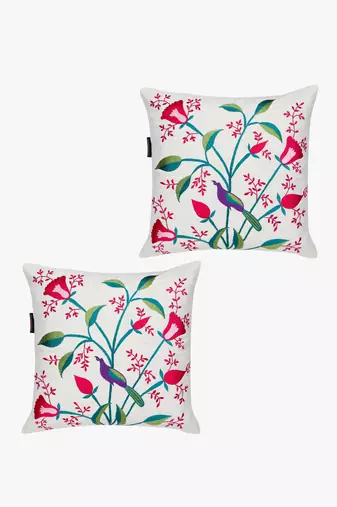 Mezposh natural, pink & green quirky embroidered cotton canvas cushion covers (16"x16") set of 2