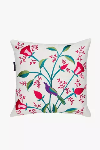Mezposh natural, pink & green quirky embroidered cotton canvas cushion covers (16"x16") set of 2