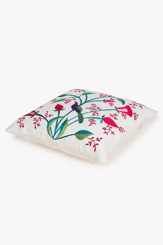 Mezposh natural, pink & green quirky embroidered cotton canvas cushion covers (16"x16") set of 2