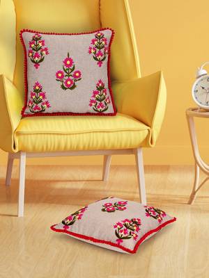 Mezposh beige, pink & green floral embroidered chambray canvas cushion covers (16"x16") set of 2 1