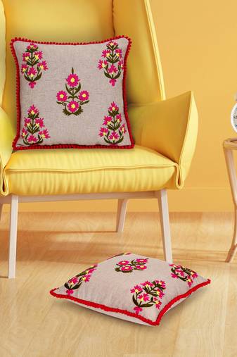 Mezposh beige, pink & green floral embroidered chambray canvas cushion covers (16"x16") set of 2
