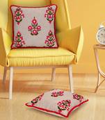 Mezposh beige, pink & green floral embroidered chambray canvas cushion covers (16"x16") set of 2