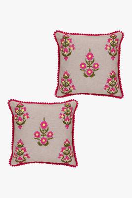 Mezposh beige, pink & green floral embroidered chambray canvas cushion covers (16"x16") set of 2 2