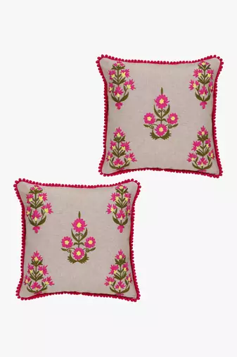 Mezposh beige, pink & green floral embroidered chambray canvas cushion covers (16"x16") set of 2