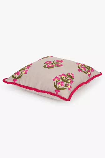 Mezposh beige, pink & green floral embroidered chambray canvas cushion covers (16"x16") set of 2