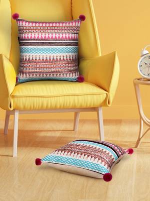 Mezposh natural & multi aztec self design cotton acrylic jacquard cushion covers (16"x16") set of 2 1