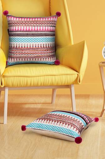 Mezposh natural & multi aztec self design cotton acrylic jacquard cushion covers (16"x16") set of 2