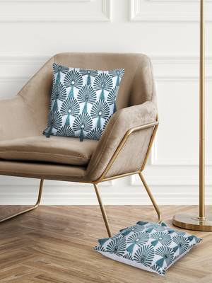 Mezposh teal green & white scallop embellished cotton acrylic jacquard cushion covers (16"x16") set of 2 1