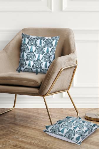 Mezposh teal green & white scallop embellished cotton acrylic jacquard cushion covers (16"x16") set of 2