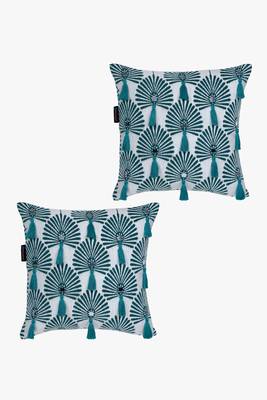 Mezposh teal green & white scallop embellished cotton acrylic jacquard cushion covers (16"x16") set of 2 2