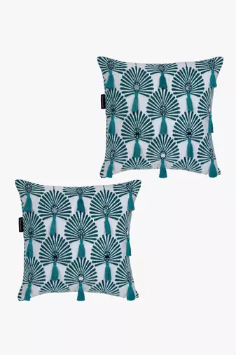 Mezposh teal green & white scallop embellished cotton acrylic jacquard cushion covers (16"x16") set of 2