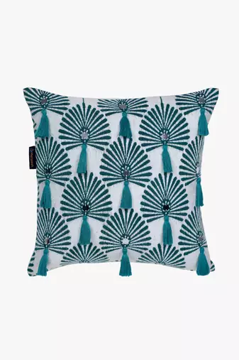 Mezposh teal green & white scallop embellished cotton acrylic jacquard cushion covers (16"x16") set of 2