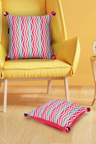 Mezposh natural & multi striped cotton acrylic jacquard cushion covers (16"x16") set of 2