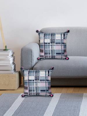 Mezposh blue, pink & multi checkered cotton acrylic jacquard cushion covers (16"x16") set of 2 1