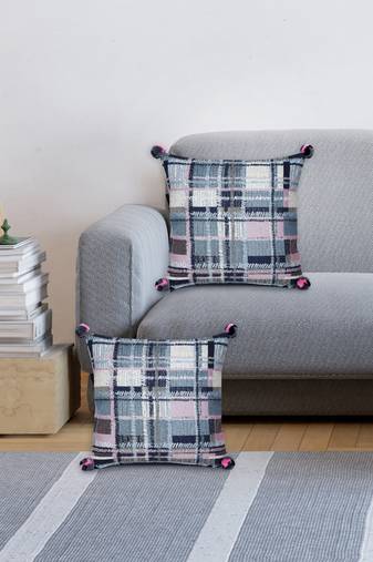 Mezposh blue, pink & multi checkered cotton acrylic jacquard cushion covers (16"x16") set of 2