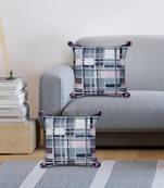 Mezposh blue, pink & multi checkered cotton acrylic jacquard cushion covers (16"x16") set of 2