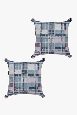 Mezposh blue, pink & multi checkered cotton acrylic jacquard cushion covers (16"x16") set of 2 2