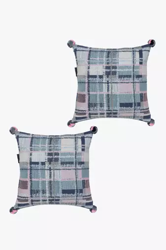 Mezposh blue, pink & multi checkered cotton acrylic jacquard cushion covers (16"x16") set of 2