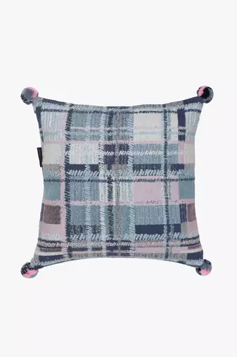 Mezposh blue, pink & multi checkered cotton acrylic jacquard cushion covers (16"x16") set of 2