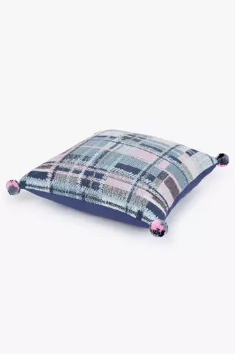 Mezposh blue, pink & multi checkered cotton acrylic jacquard cushion covers (16"x16") set of 2