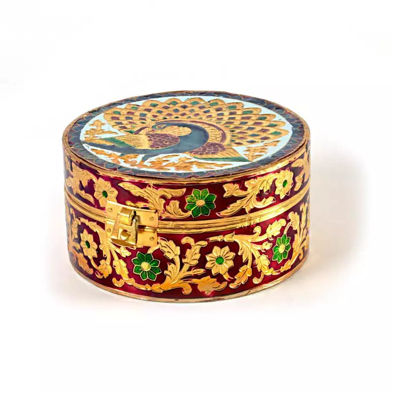 Meenakari Art Work White Metal Round Dryfruit Box Deepawali Gift 291