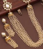 Design long pearl beaded necklace set with kundan studded
