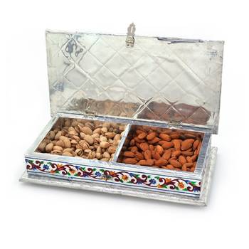 Decorative White Metal 3 Partitions Dryfruit Box Diwali Gift 302 2