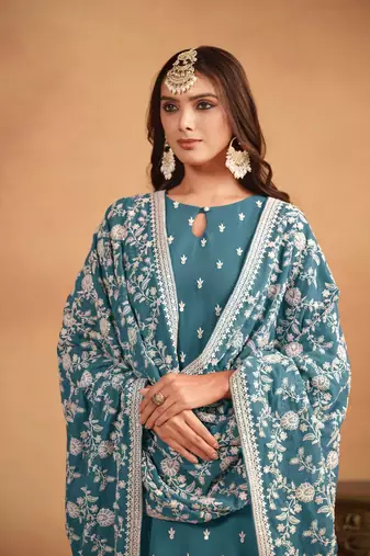 Blue Embroidered Faux Georgette Semi_Stitched Semi_Stitched Party Wear Salwarsuit