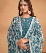 Blue Embroidered Faux Georgette Semi_Stitched Semi_Stitched Party Wear Salwarsuit