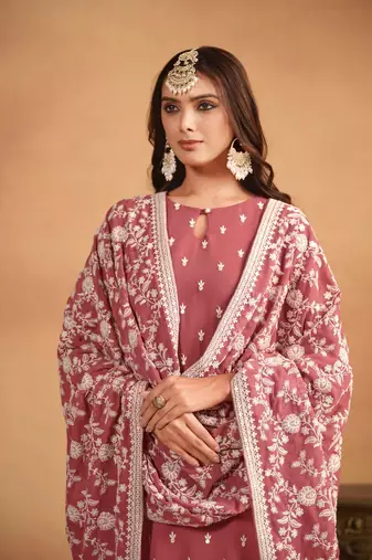 Salmon Embroidered Faux GeorgetteParty Wear Salwarsuit
