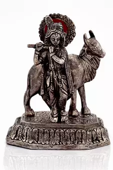 Antique White Metal Lord Krishna With Cow Idol Deepawali Special Gift 309
